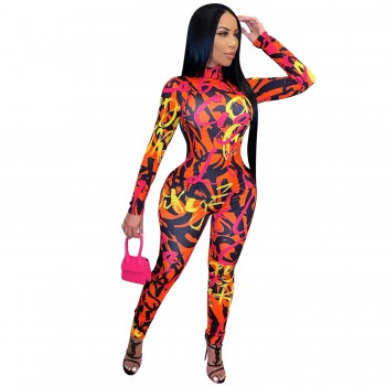 Tie Dye Letter Print Turtleneck Bodycon Jumpsuit for Women Sexy Club One Piece Overall Bodycon Rompers